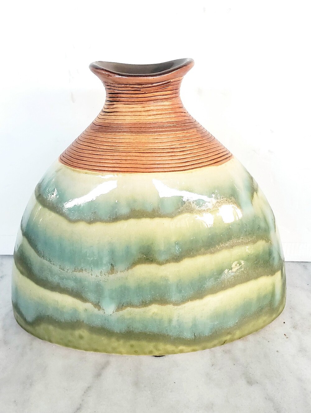 VINTAGE DRIP GLAZE POTTERY FLAT FISH SHAPE Large VASE Ribbed Neck Green Brown